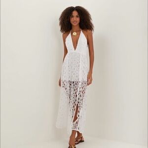 Vix eyelet Joelle midi dress. White Crochet Halter Maxi Dress
